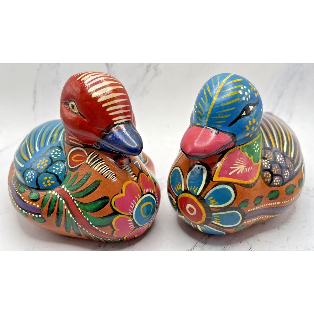 2 Folk Art Pottery Duck‎ Figurines Hand Painted Colorful 6" Redware